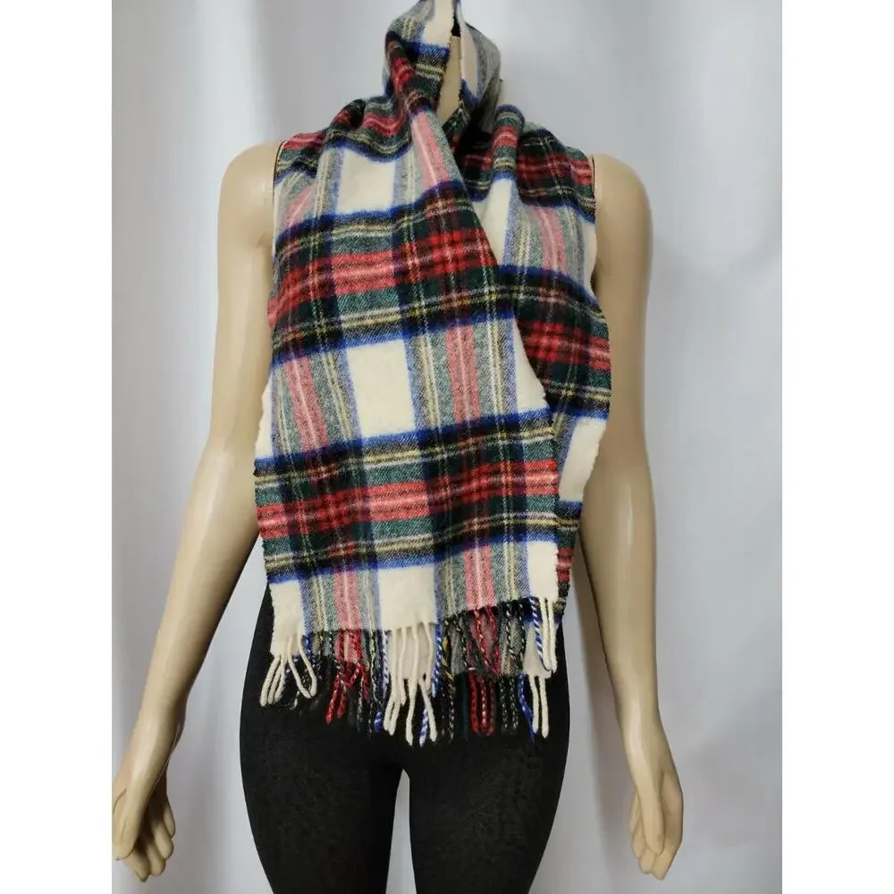 Johnstons Of Elgin Scarf Men's Blue Green Plaid 100% Lambswool Fringed #C3